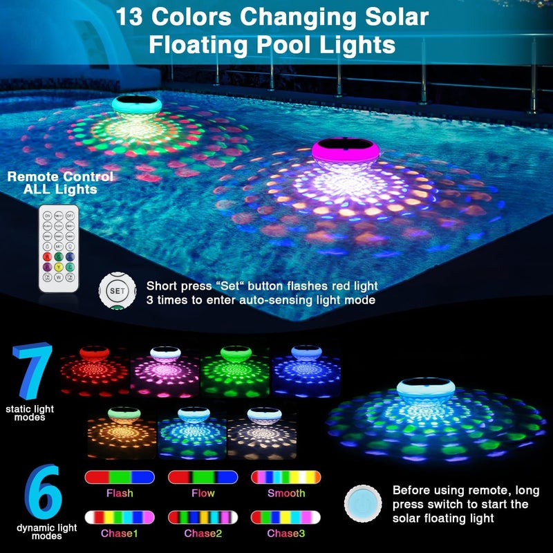 BOXPSII Solar Pool Lights, 2600mAh USB Rechargeable Floating Pool Lights, 6.7" IP68 Waterproof Solar Floating Light with Remote, RGB 13 Colors Upper and Lower Glow Hangable Light for Path, Hot Tubs 1 PCS - Image 2